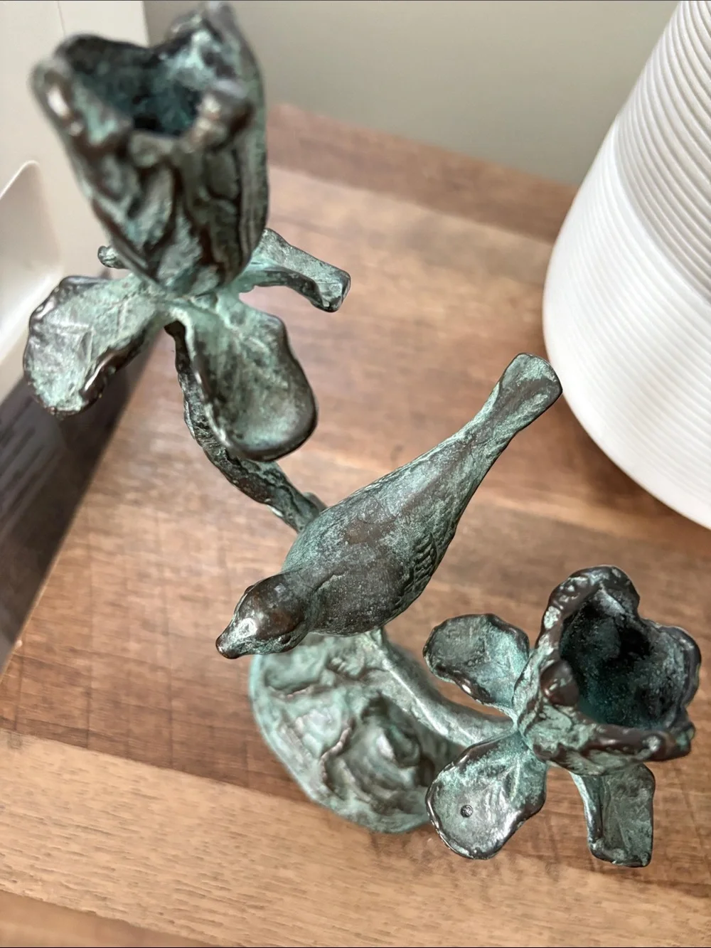 Pier 1 Metal Decorative Verdigris Bird & Floral Candle Holder  made in Korea